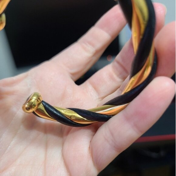 Vintage Luxury Hermes Torsade Gold Black Leather Twist Bangle Open Cuff Bracelet - Picture 9 of 10